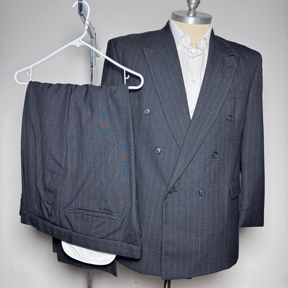 Jag Suit Mens 48R W41 Charcoal Grey Pinstripe Double Breasted Wool Vintage